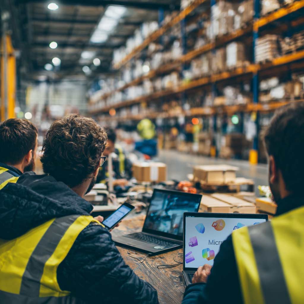 warehouse workers on laptops